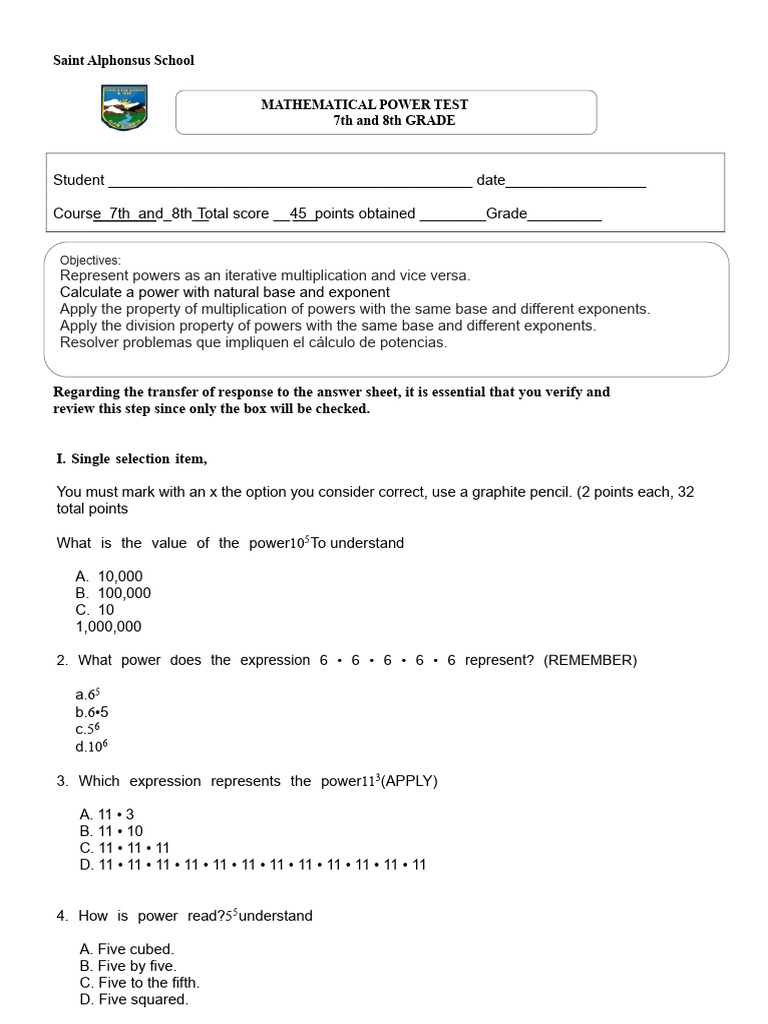 TEST POWER 7th and 8th grade.docx | PDF | Multiplication | Exponentiation