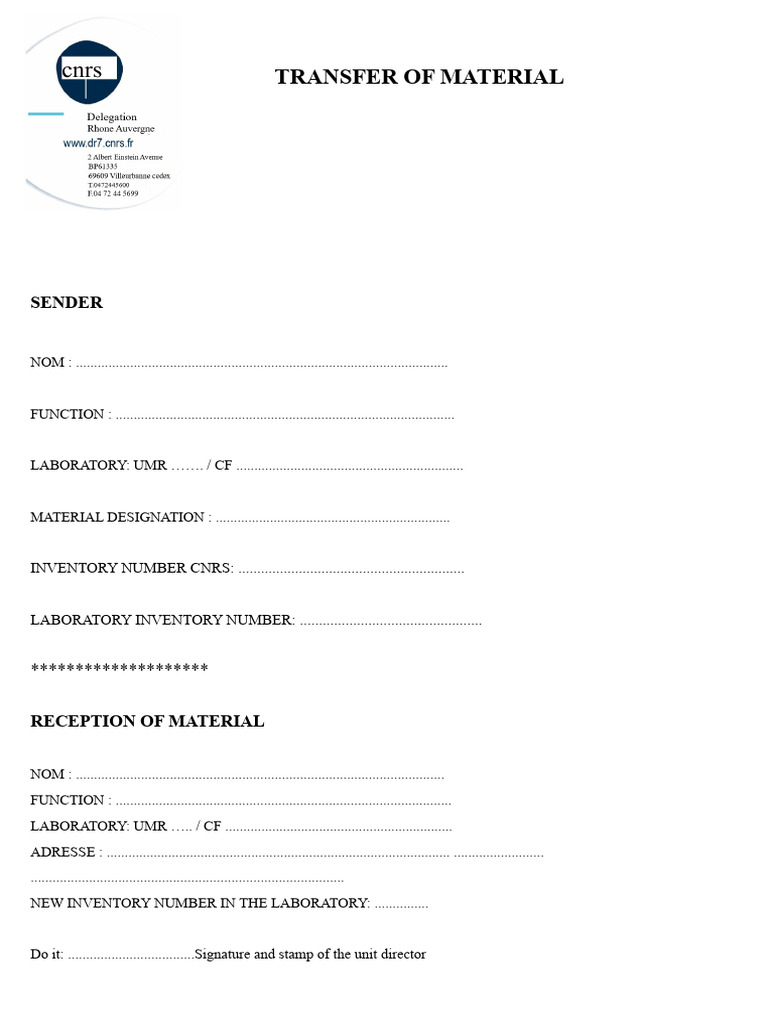 Material Transfer Form Template | PDF