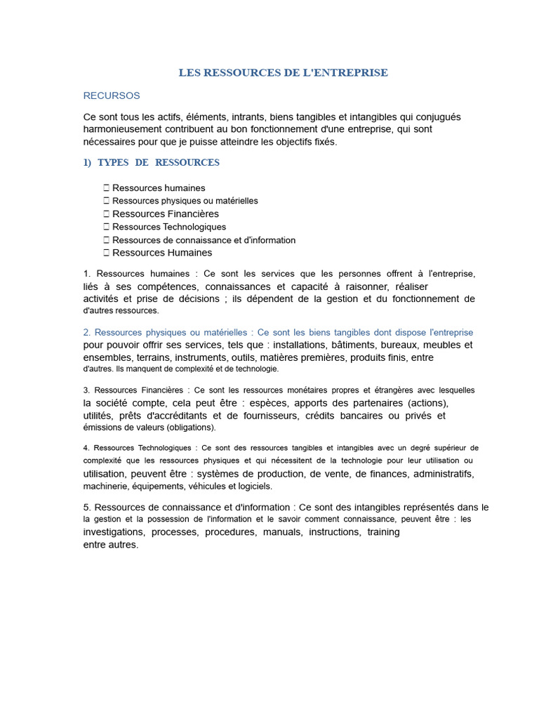 Types et gestion des ressources d'entreprise | PDF | Business | Gestion ...