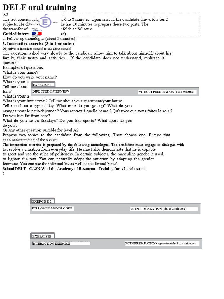 A2 DELF Oral Exam Training Guide | PDF