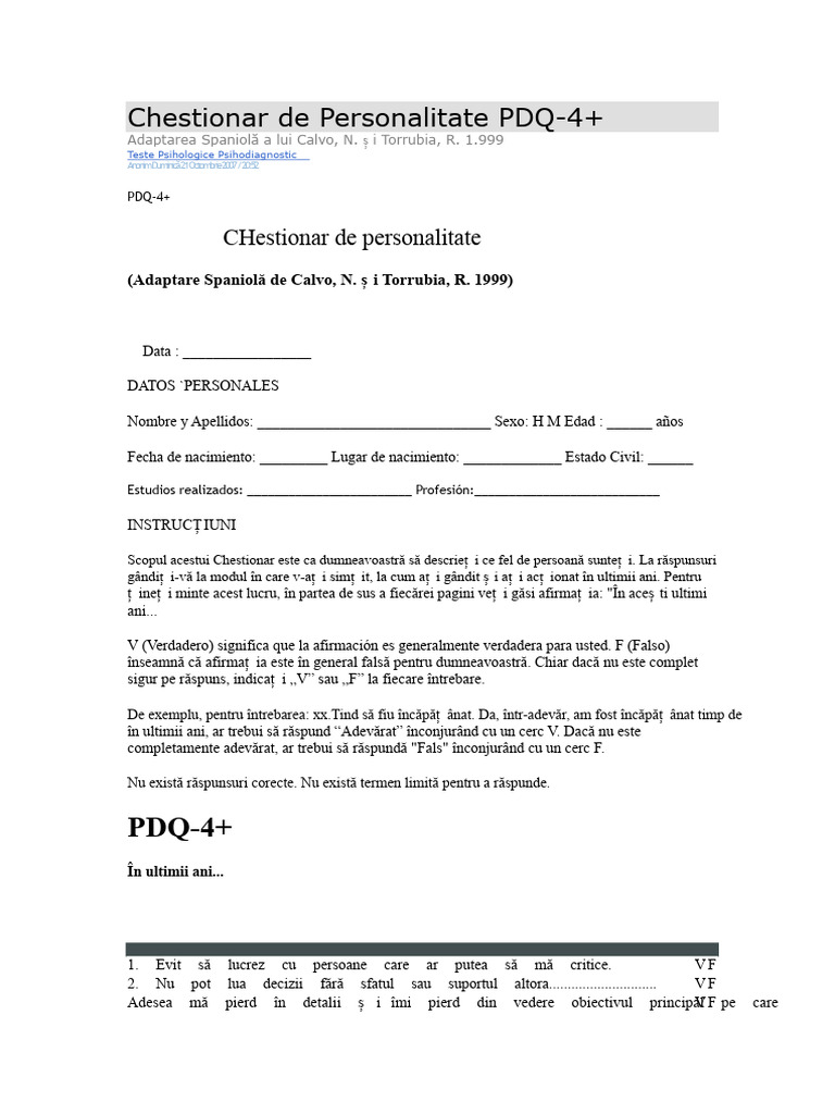 Chestionar de Personalitate PDQ | PDF