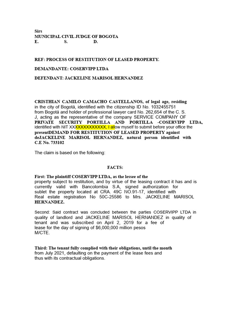 Lease Property Restitution Case Bogotá | PDF | Lease | Leasehold Estate