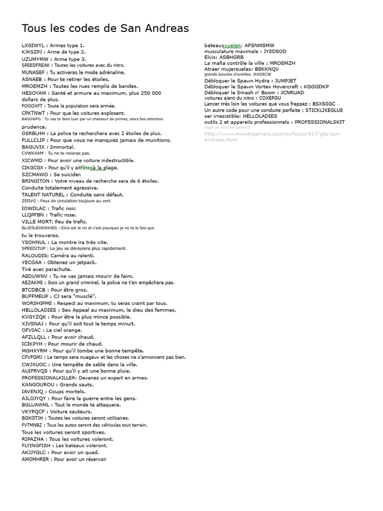 Codes et commandes GTA San Andreas | PDF