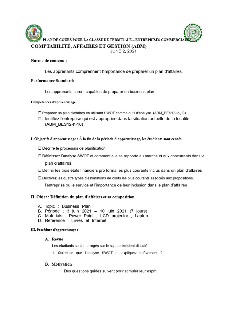 Plan d'Affaires en Terminale ABM PDF Plan d'affaires — free download