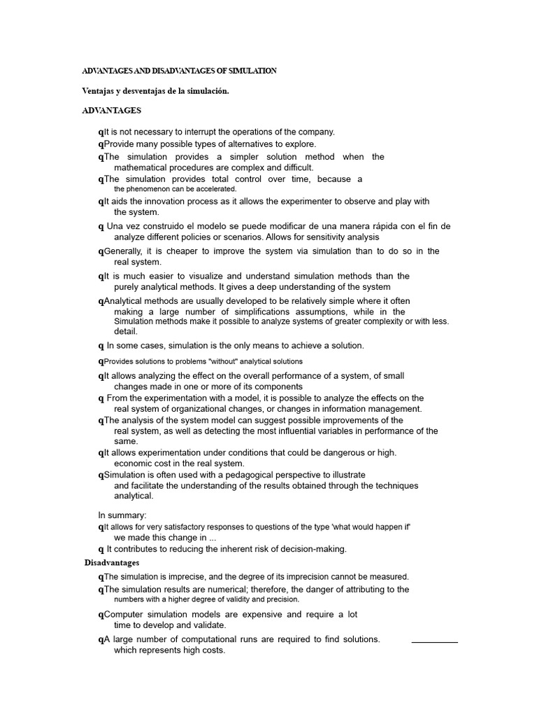 Advantages and Disadvantages of Simulation | PDF | Simulation | System