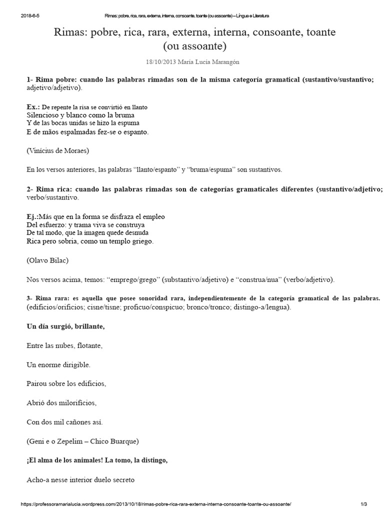Rimas Pobre, Rica, Rara, Externa, Interna, Consonante, Toante (O O ...