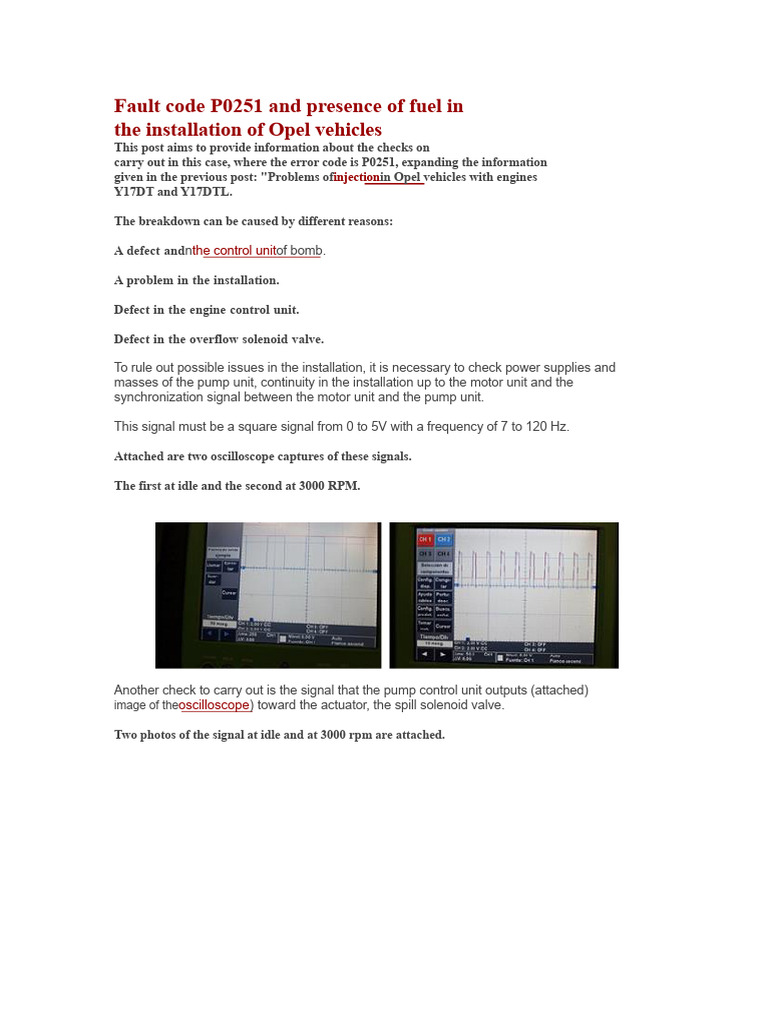 Fault Code P0251 and Presence of Fuel in The System of Opel Vehicles | PDF