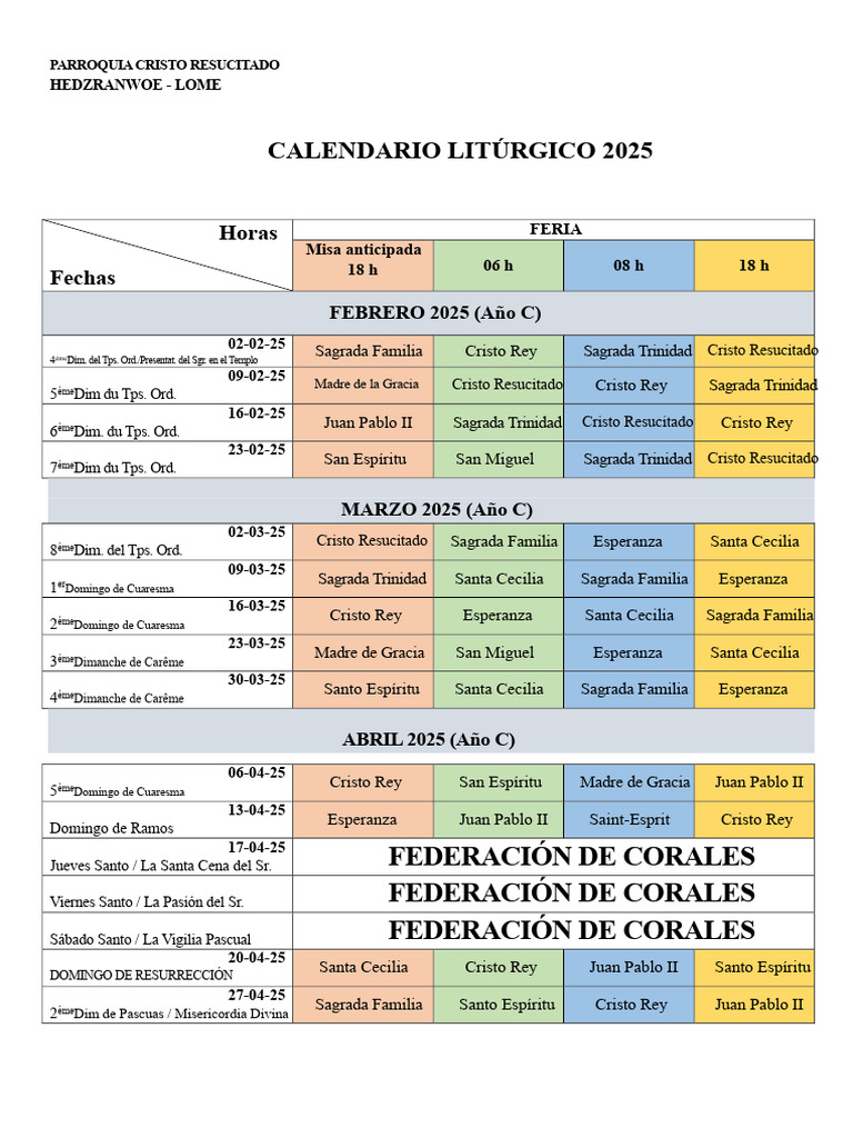 Calendario Litúrgico 2025 - Parroquia Cristo Resucitado | PDF | Pascua ...