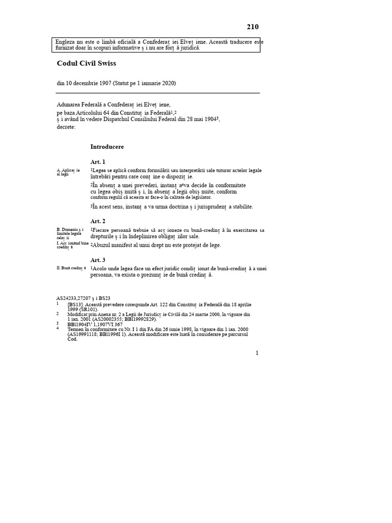 Codul Civil Elvețian (2020) Versiune În Engleză PDF | PDF