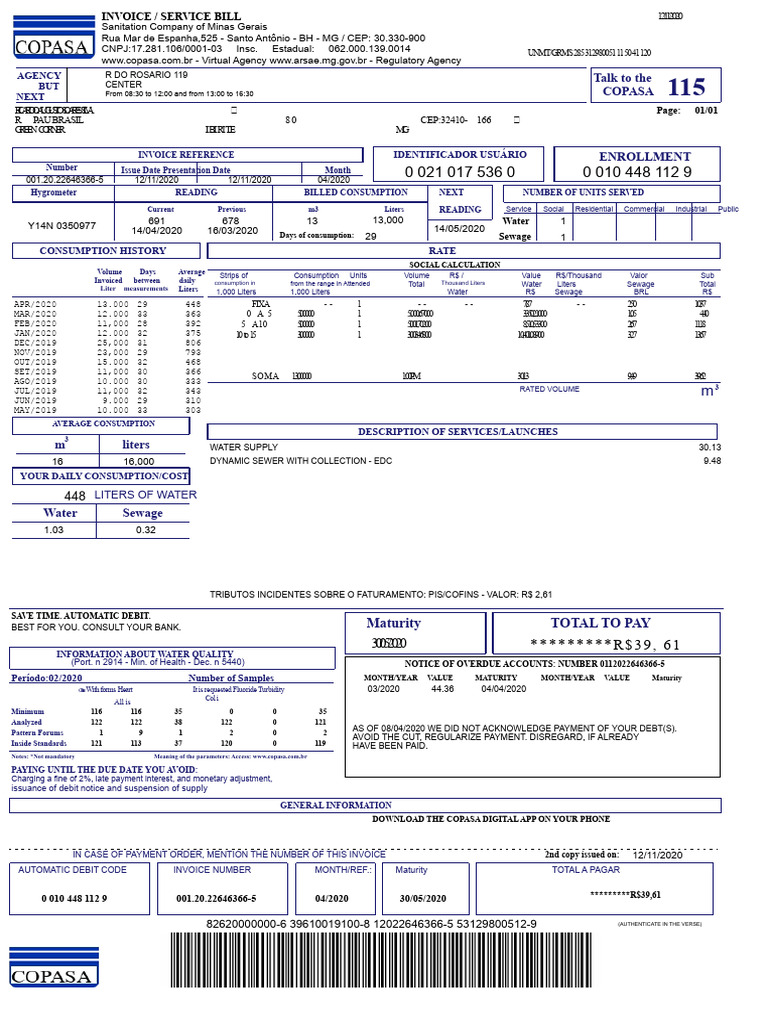 2020 Water and Sewage Invoice Details | PDF | Water Pollution | Fresh Water