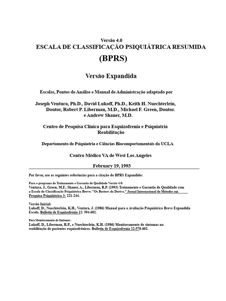 Manual Expandido da Escala BPRS | PDF | Ilusão | Psiquiatria
