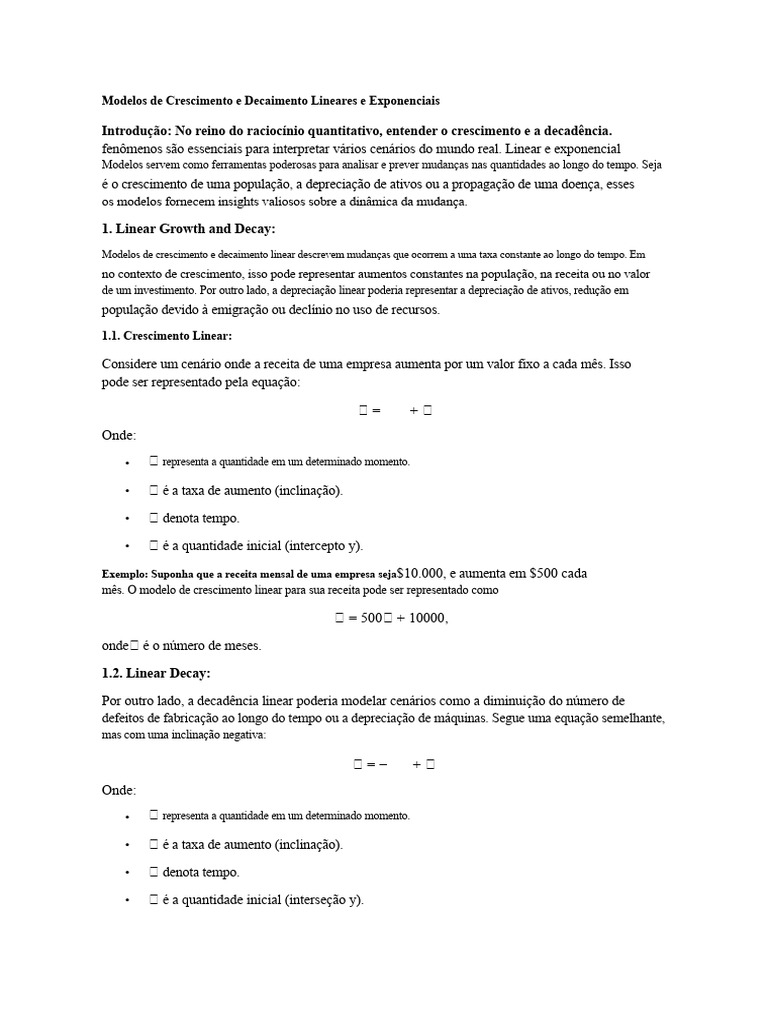 Modelos de Crescimento e Decaimento Lineares e Exponenciais | PDF ...