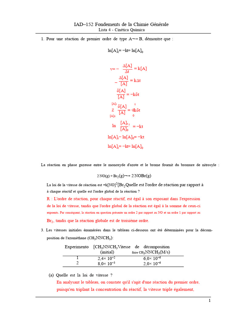 Cinétique Chimique : Lois et Calculs | PDF | Cinétique chimique ...