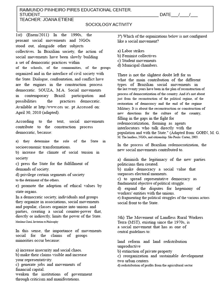 ACTIVITY ON SOCIAL MOVEMENTS 3rd Year A and B | PDF | Democracy ...