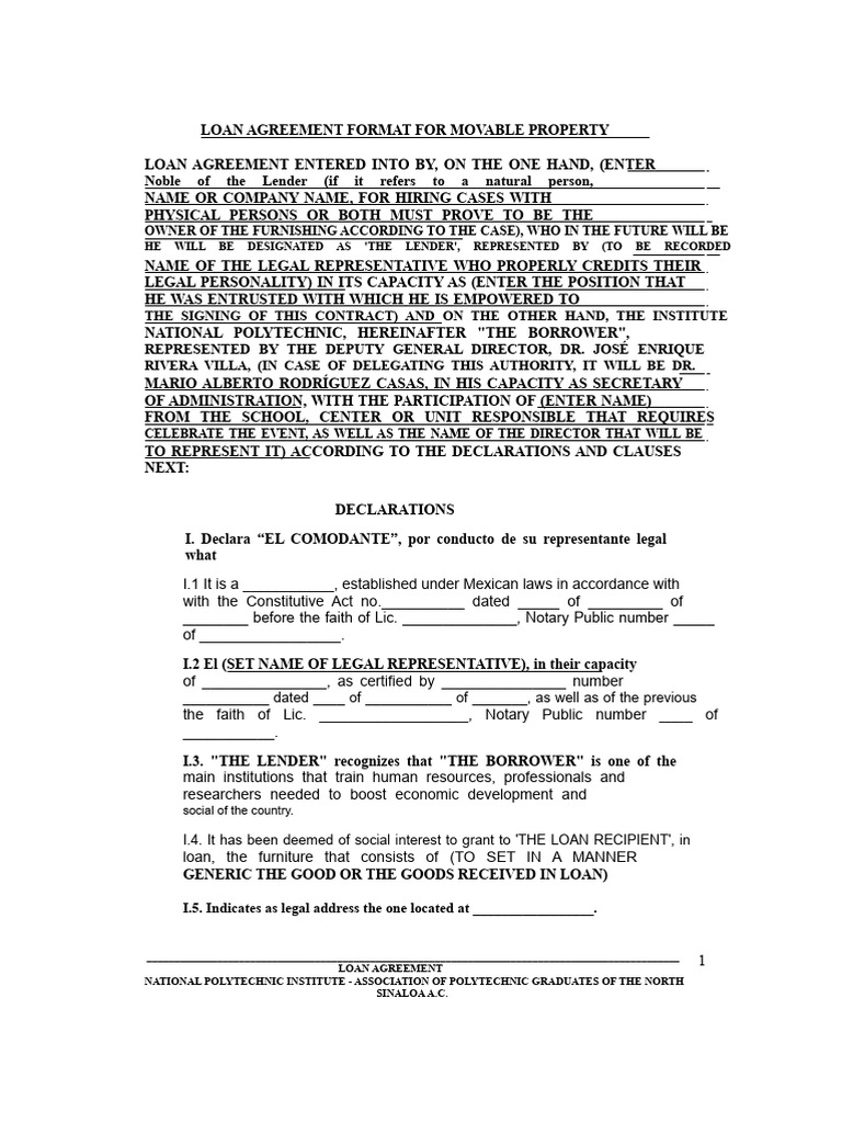 Movable Property Loan Agreement Template | PDF | Loans | Lease