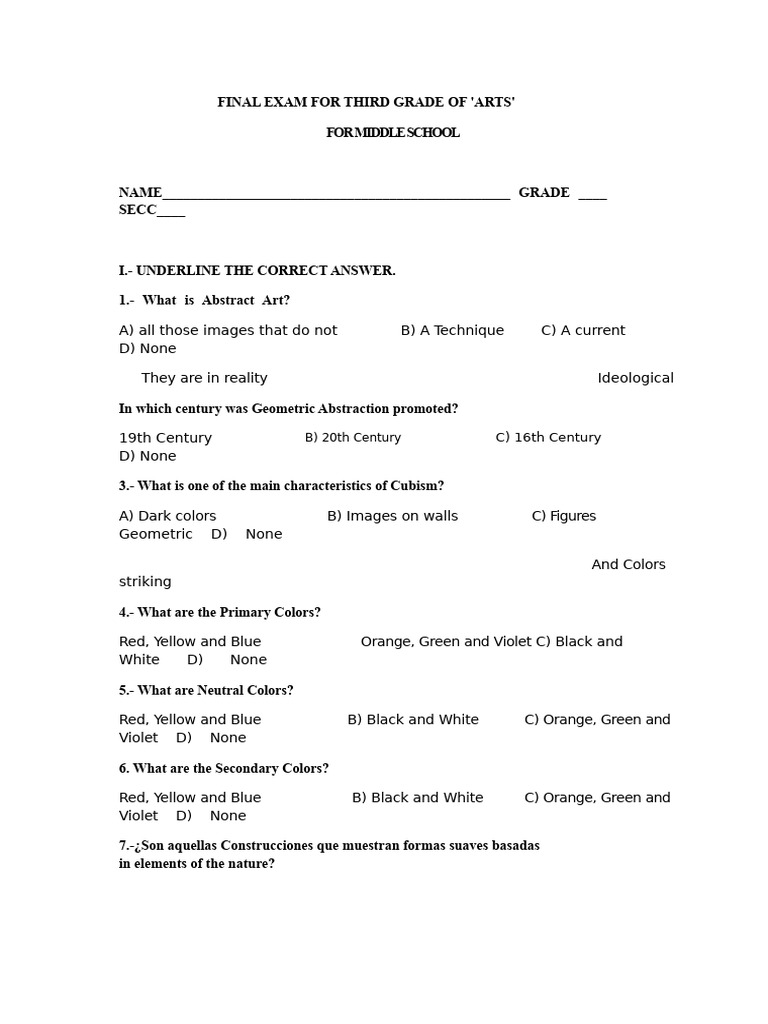 Third Grade Arts Final Exam Questions | PDF | The Arts