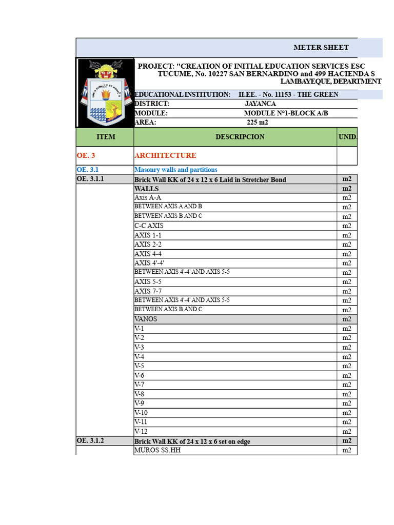 Educational Facility Construction Meter Sheet | PDF | Brick | Building