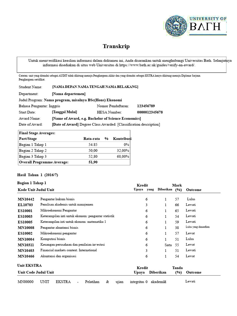 Transkrip Akademik Universitas Bath | PDF