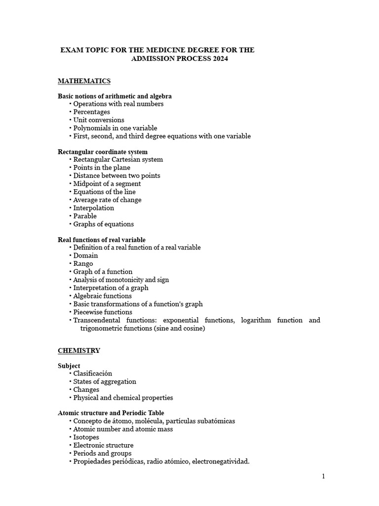 2024 Medicine Admission Exam Topics | PDF | Function (Mathematics ...