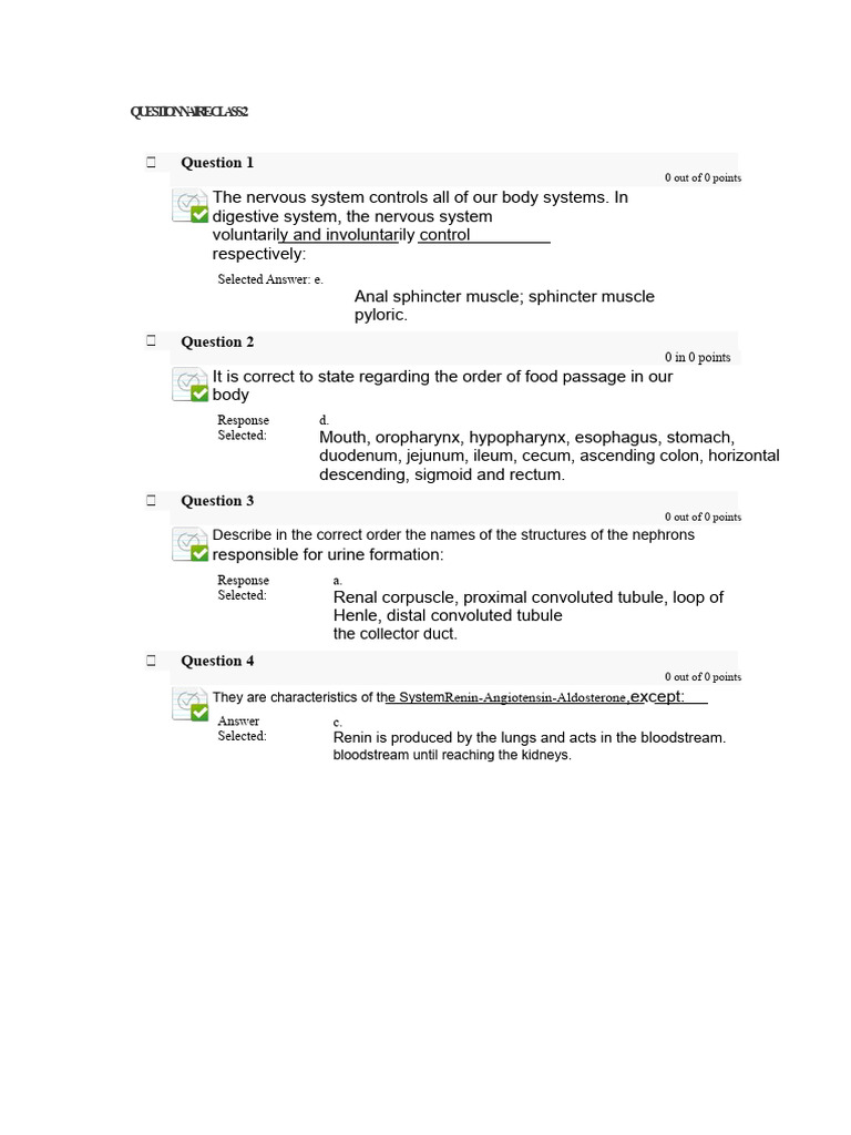 Class 2 Questionnaire on Body Systems | PDF | Stomach ...