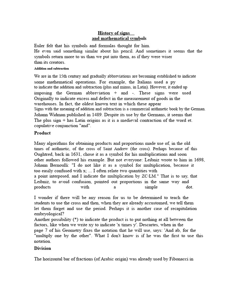 History of Mathematical Signs | PDF | Multiplication | Number Theory