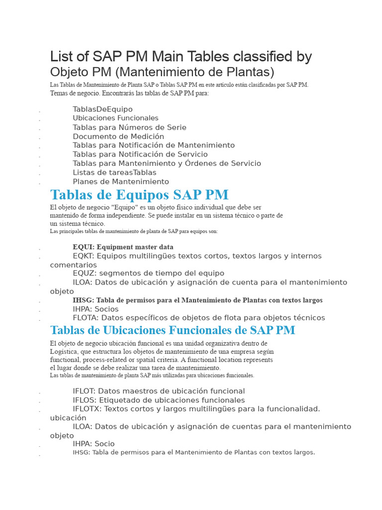Lista de las principales tablas de SAP PM clasificadas por objeto PM | PDF