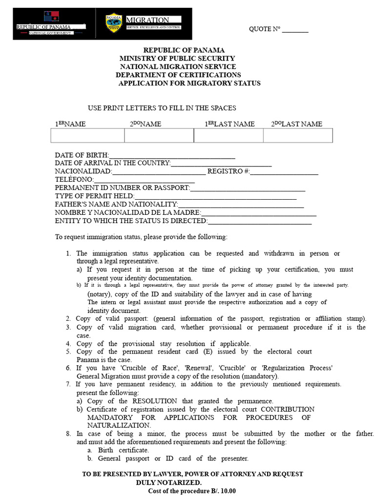 Panama Immigration Status Application Form | PDF | Identity Document ...