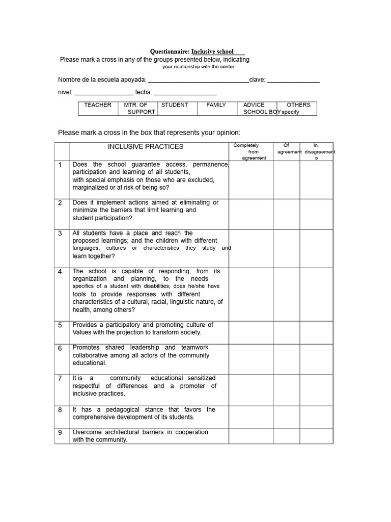 Inclusive School Questionnaire Template | PDF | Social Psychology