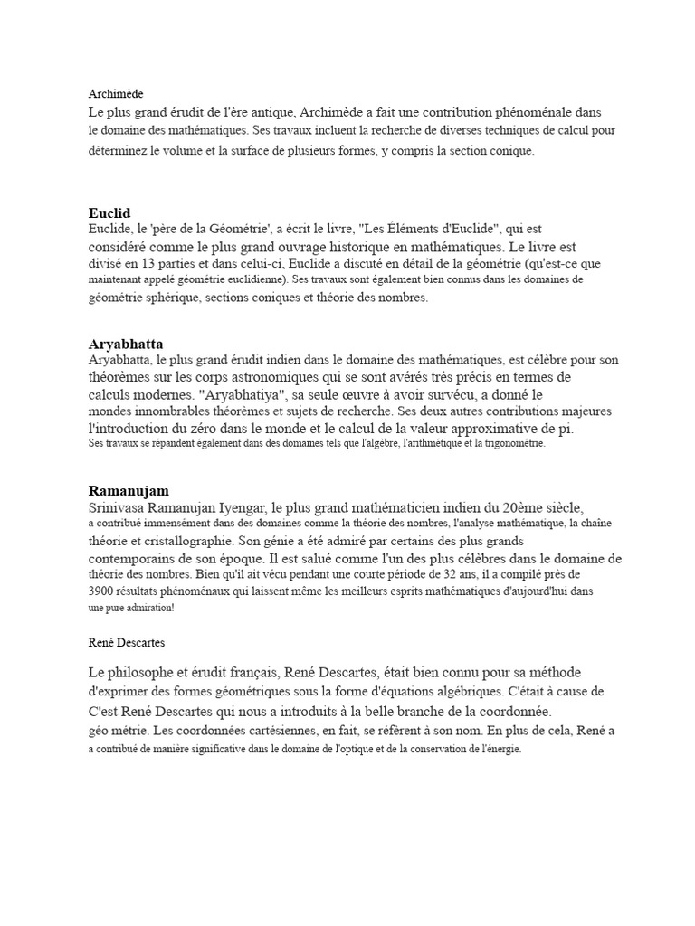 Grands mathématiciens à travers l'histoire | PDF | Mathématiques ...