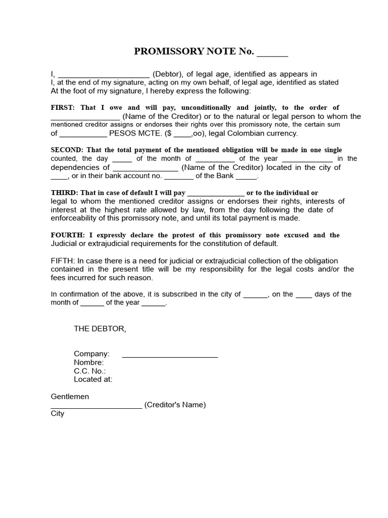 Colombian Promissory Note Template | PDF | Promissory Note | Debtor