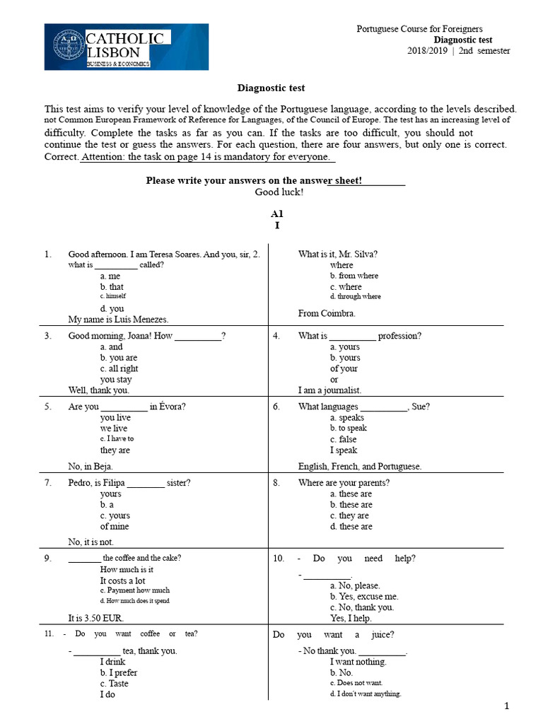 Portuguese Language Diagnostic Test | PDF