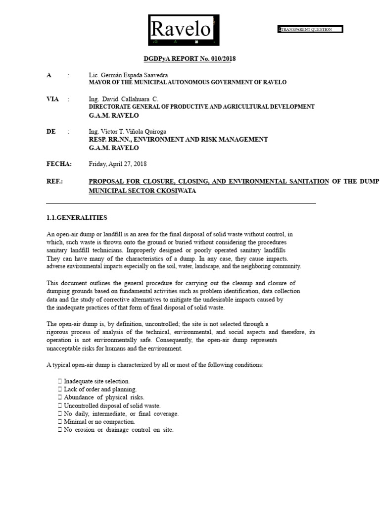 REPORT No. 10 PROPOSAL REPORT FOR CLOSURE OF THE DUMP.docx | PDF ...
