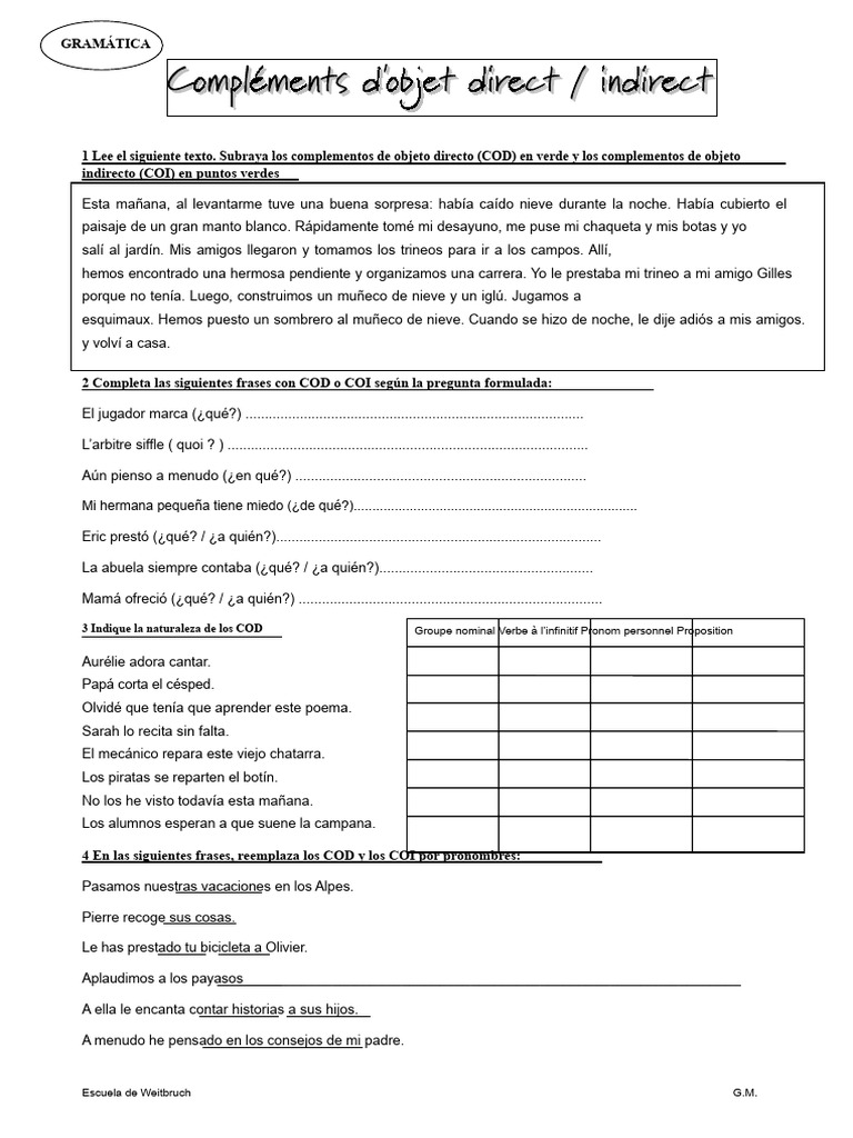Ejercicios de Gramática: COD y COI | PDF