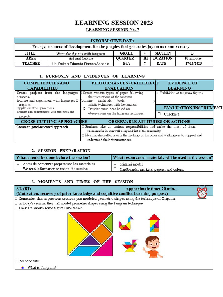 ART SESSION WE ASSEMBLE FIGURES WITH TANGRAM | PDF | Shape | Learning