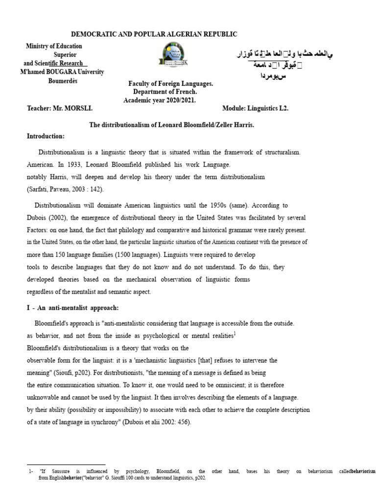Understanding Bloomfield's Distributionalism | PDF | Linguistics | Phrase