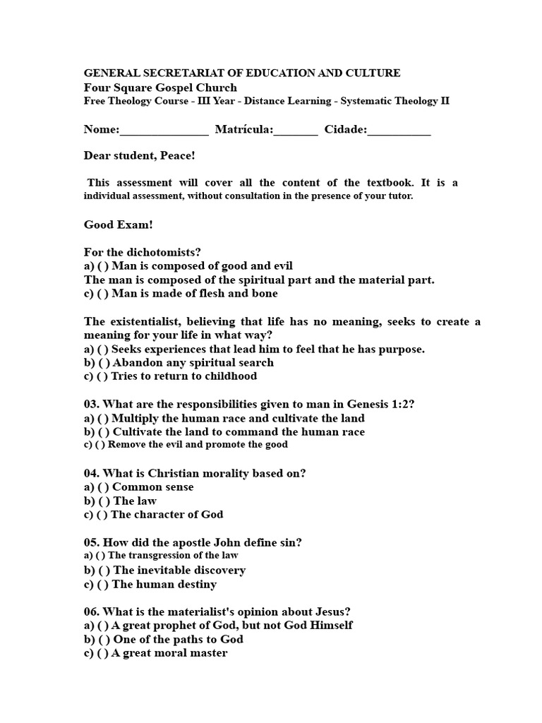 Free Theology Course Exam Guide | PDF | Jesus | Christian Ethics