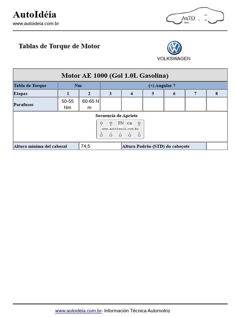 Tablas de Torque Motor Volkswagen Gol | PDF