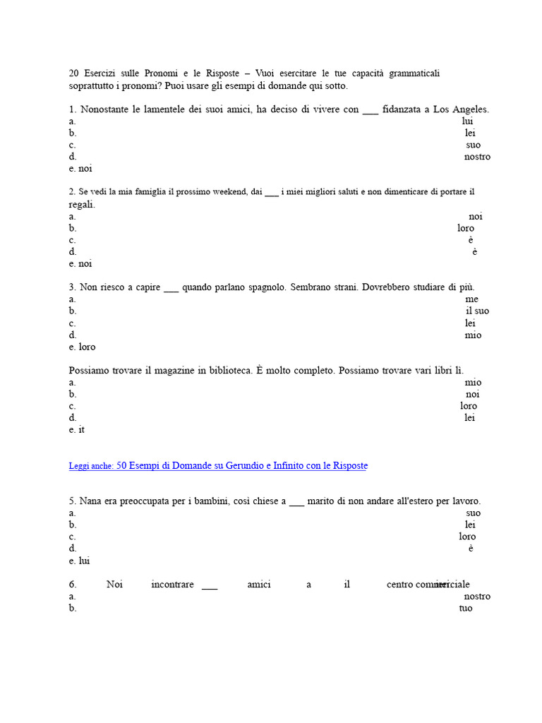 20 Esercizi Sui Pronomi e Le Loro Risposte | PDF