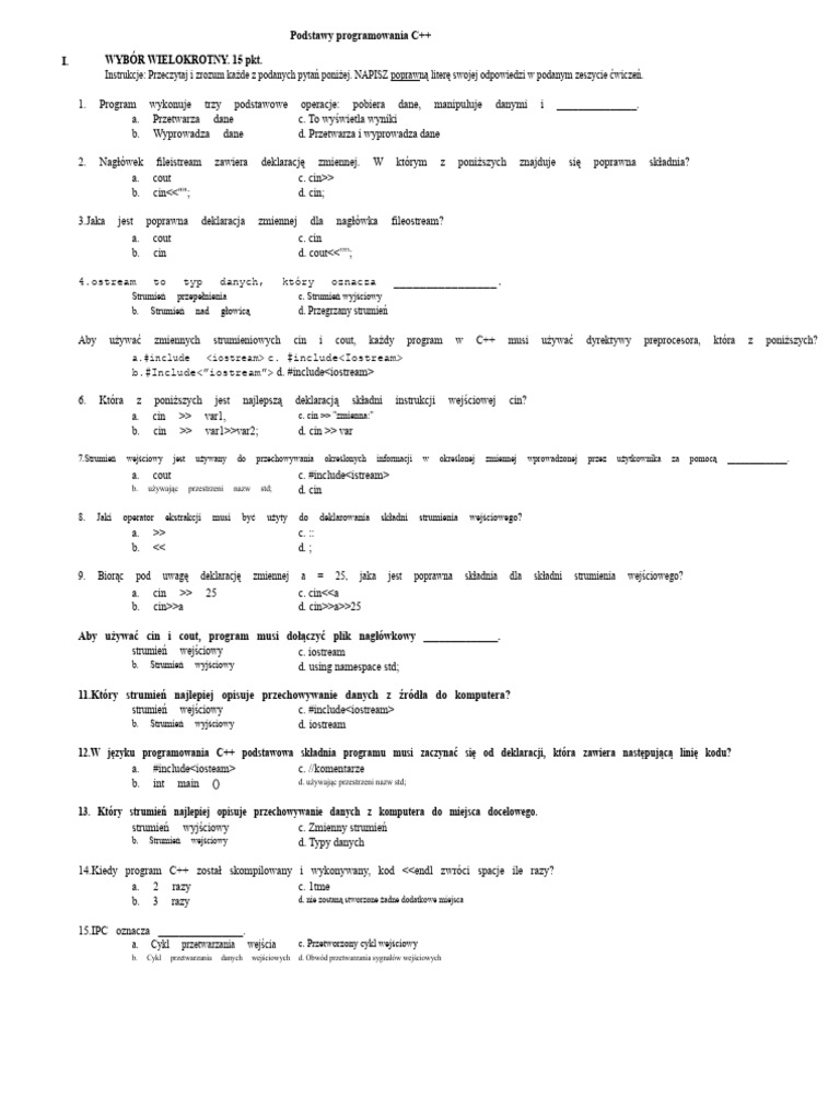 Podstawy Programowania C++ - Test | PDF