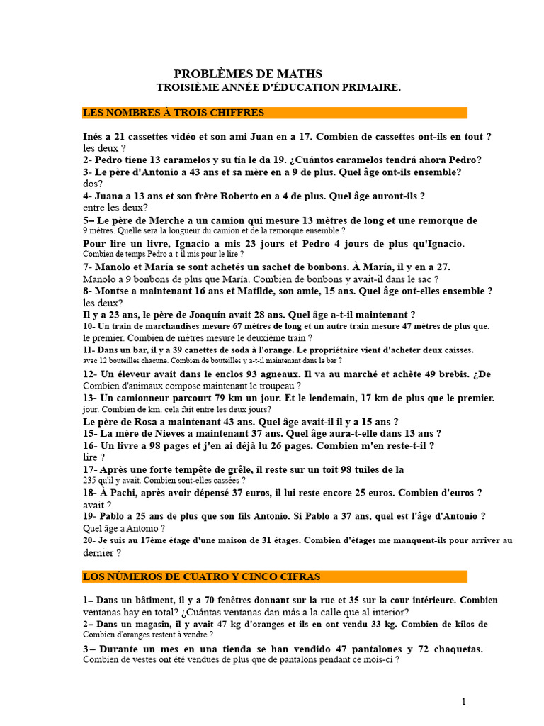 Problèmes de maths pour la 3e année | PDF | euro