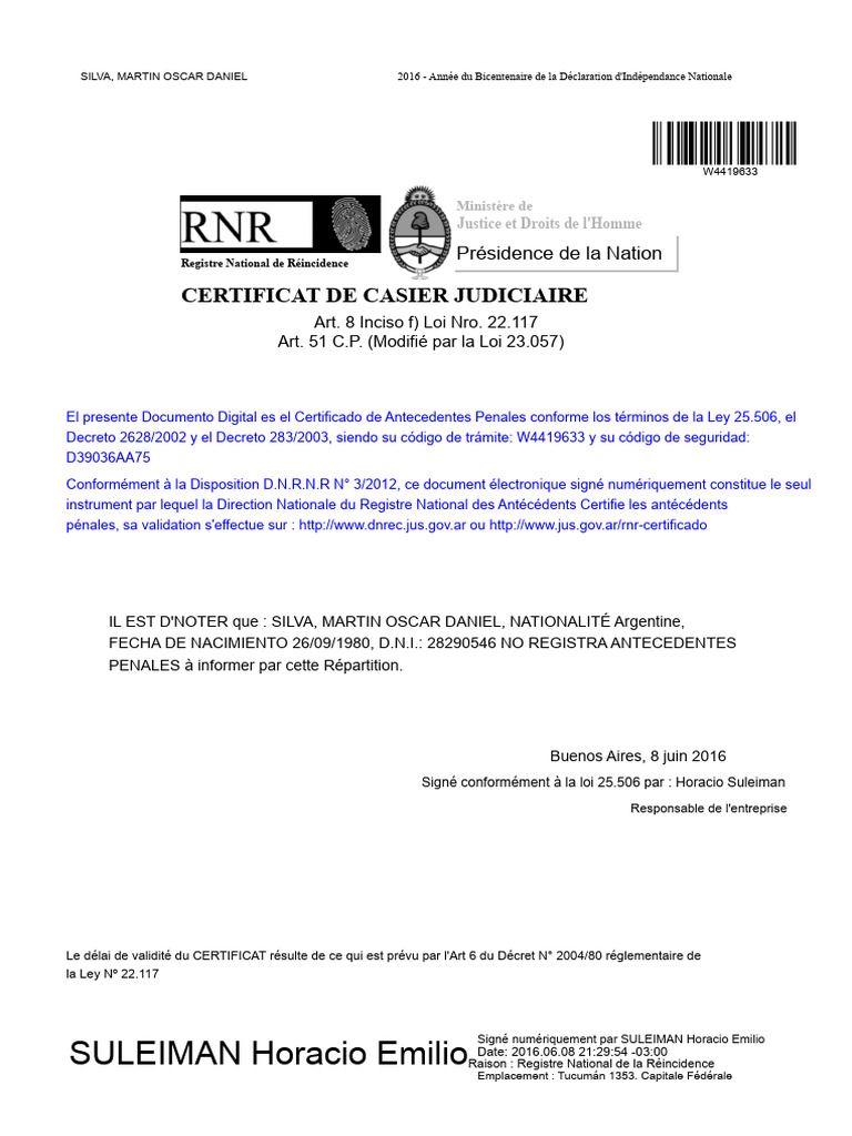 Certificat de Casier Judiciaire 2016 | PDF | Justice | Crime et violence