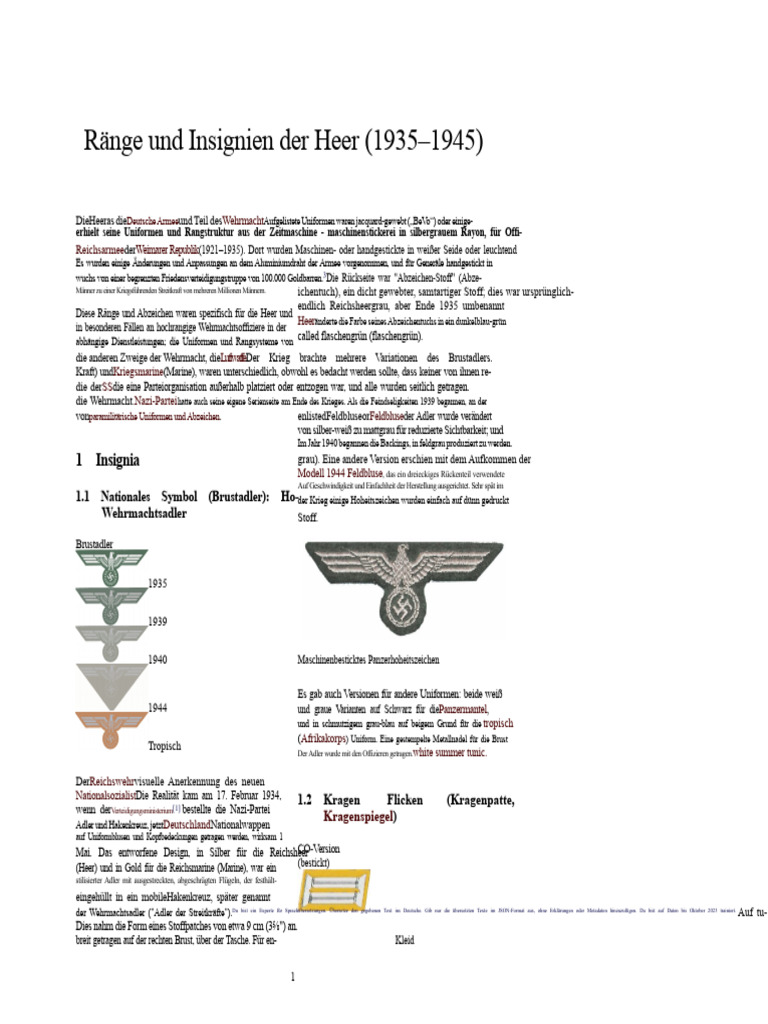 Ränge Und Abzeichen Der Heer (1935-1945) | PDF
