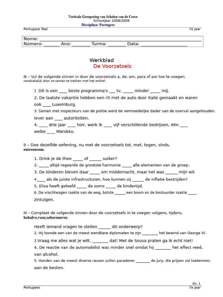 Werkblad De Voorzetsels PDF
