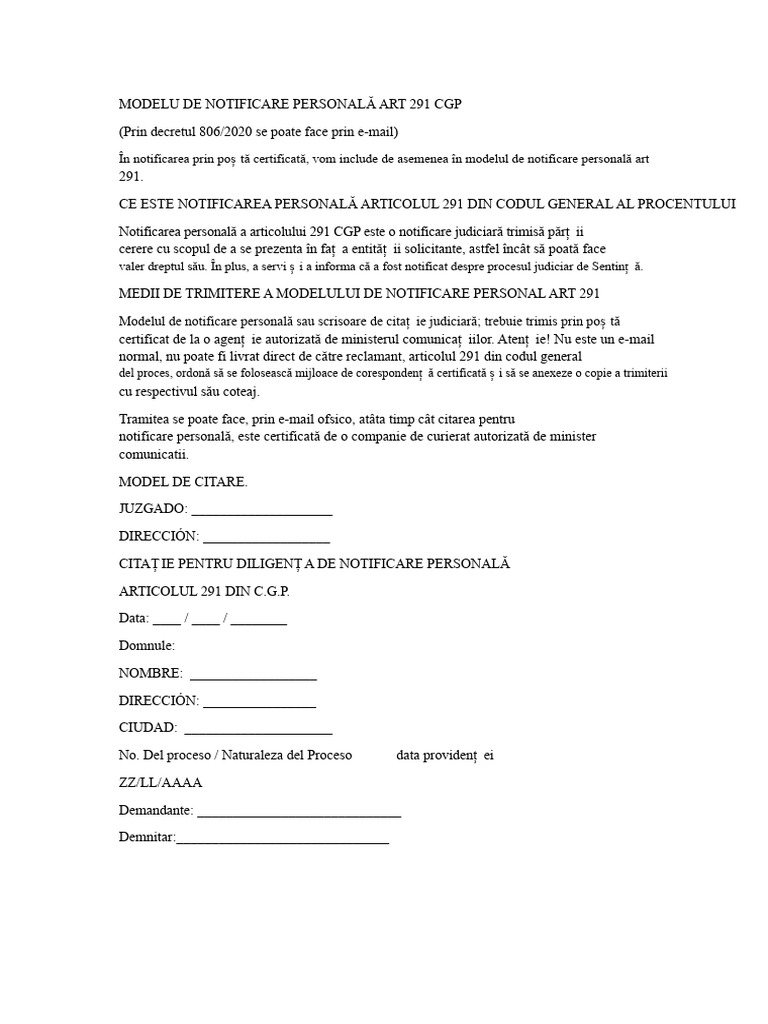 Model de Notificare Personal Art 291 CGP | PDF