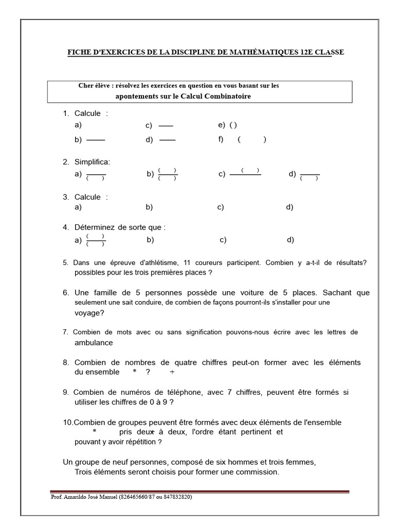 Exercices de Calcul Combinatoire 12e | PDF | Combinatoire | Mathématiques