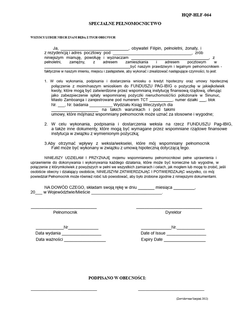 HDMF (Fundusz Pag-Ibig) - Specjalne Pełnomocnictwo | PDF