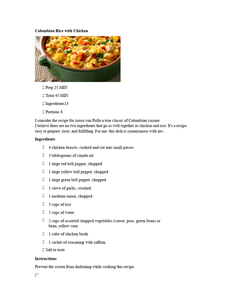 Colombian Arroz con Pollo Recipe | PDF