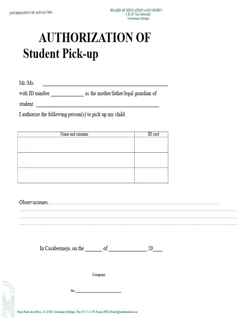 Student Pick-Up Authorization Form | PDF