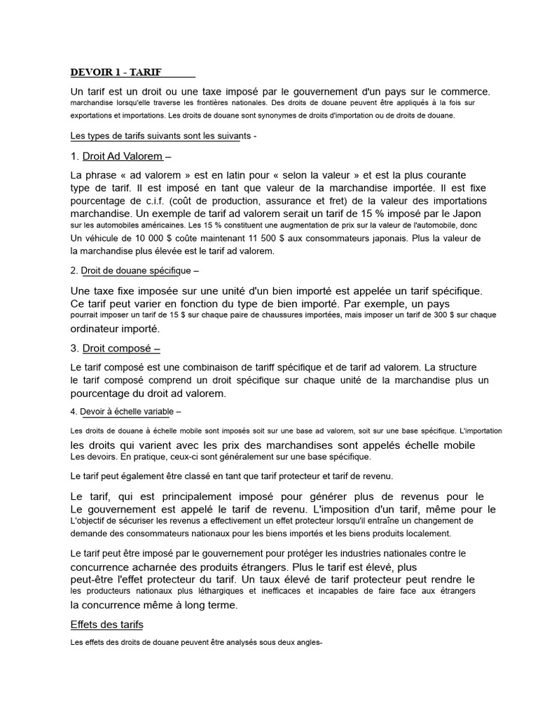 Types et effets des tarifs douaniers | PDF | Tarif | Obstacle non ...