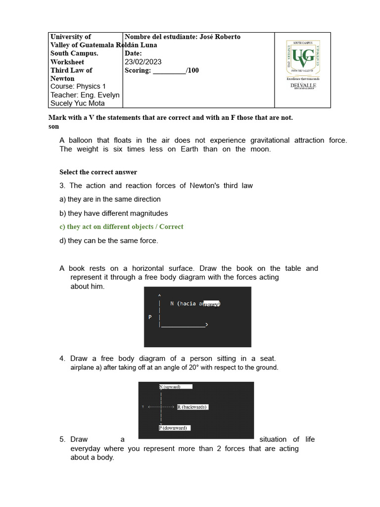 Worksheet 3rd Law of Newton | PDF | Force | Mass